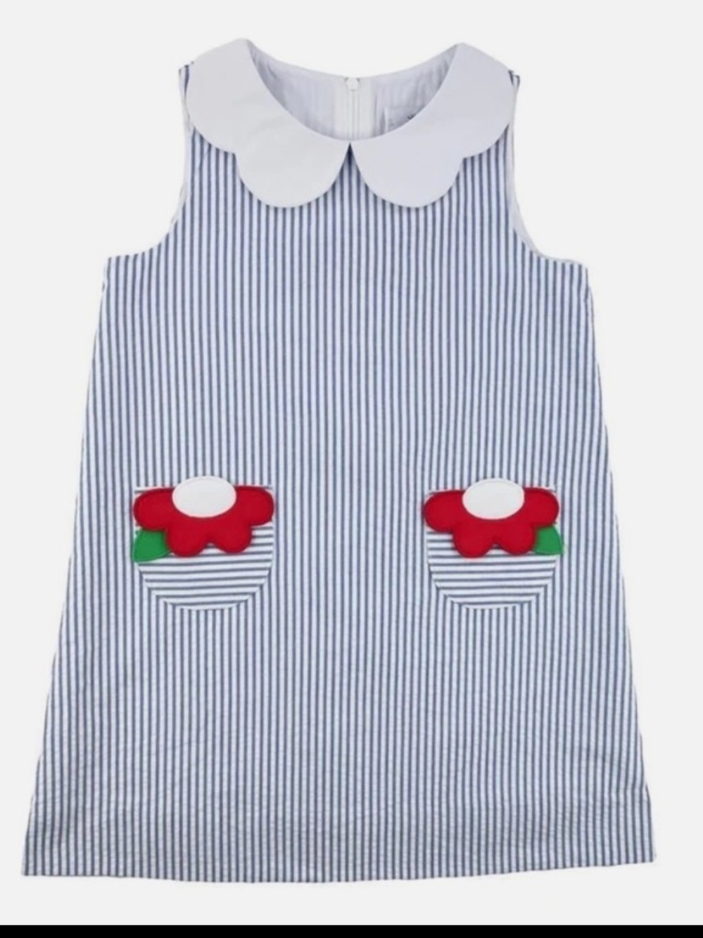 Florence Eiseman Blue and White Striped Dress with Red Flower Pockets